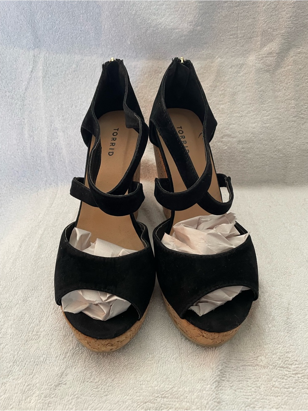 TORRID: Black Suede Cork Platform Wedge Sandals with Back Zip - 9WW